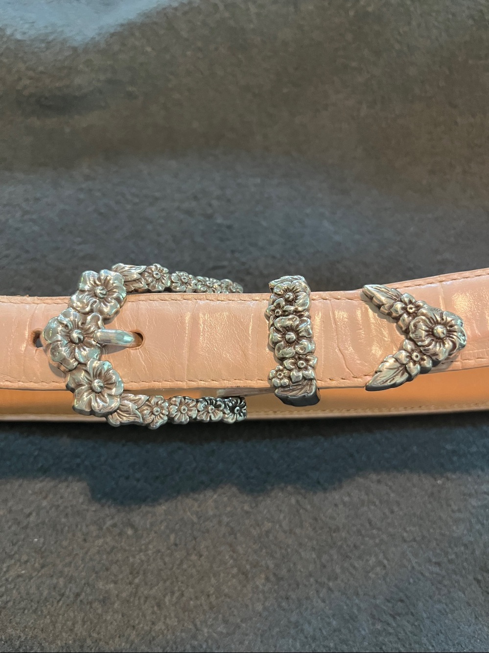 Brighton Blush Pink Leather Belt with 3 dimensional flowers Silver-Tone Buckle